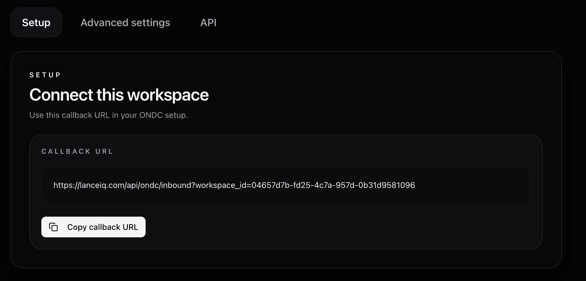 Workspace setup tab showing the callback URL for the workspace