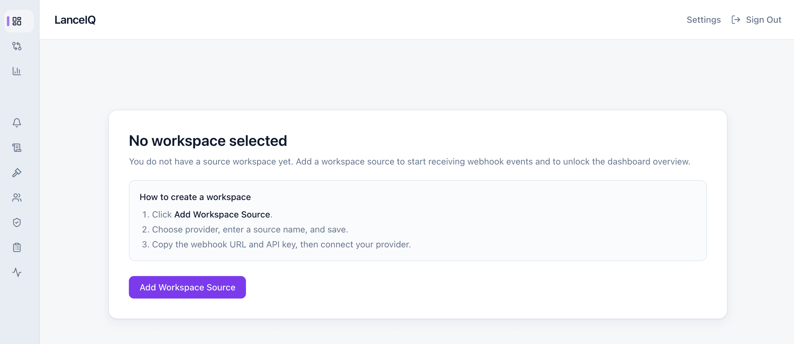 No workspace selected screen with Add Workspace Source button