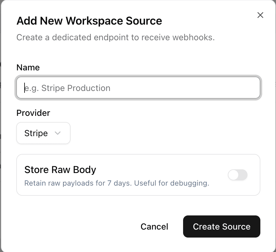 Add New Workspace Source modal with name, provider, and store raw body fields