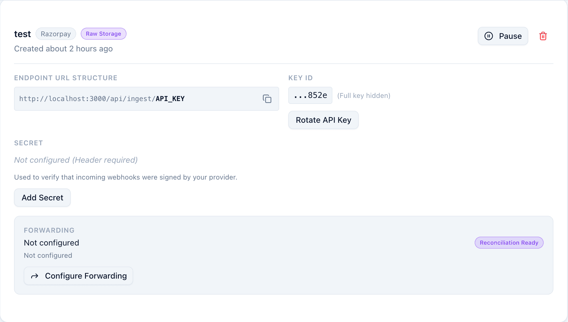 Source detail screen showing Secret and Configure Forwarding sections