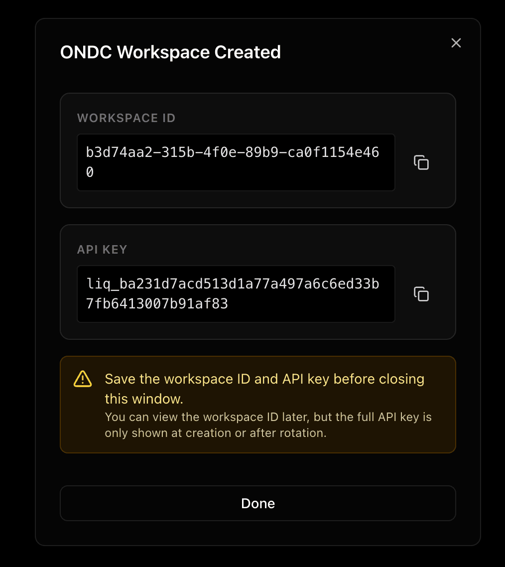 Workspace created modal showing workspace ID and API key